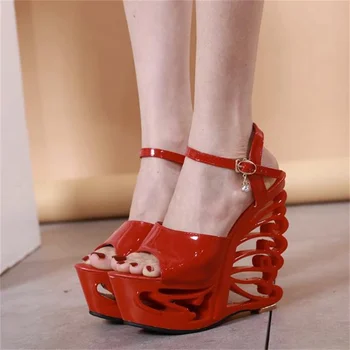 Platforma klin sandále pre ženy lete 15 CM jeden-line pracky nepremokavé platformu ryby úst topánky s špeciálne tvarované päty supe