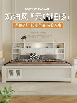 Biela masívneho dreva moderný minimalistický krém štýl manželskou posteľou, spálňa 1,5 m, 1,8 m mäkká taška svetlo luxusné skladovanie posteľ