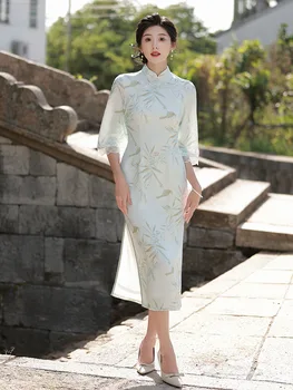FZSLCYIYI Elegantné Korálkové Potlačená Saténová Čipka Výbava Svetlice Rukáv Ženy Denne Qipao Retro Čínsky Cheongsam Šaty