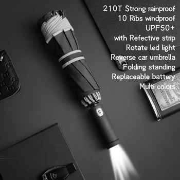 210T Automatické 10 Rebier UV Zadnej strane Skladací Dáždnik s LED Baterka Vetru Reflexný Prúžok UPF50 pre Auto Slnečný Daždivý Deň