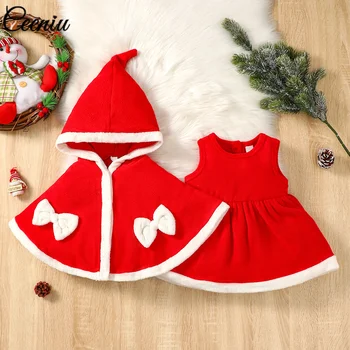 Ceeniu Baby Detský Vianočný Outfit Sady Bowknot Fleece Plášť a Červené Zamatové Šaty Dievčatá Vianočný Kostým Baby Nový Rok Oblečenie