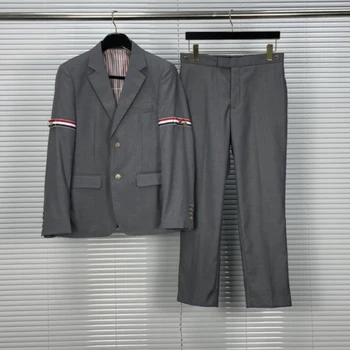 Nové TB Mužov Blejzre Stanovuje Formálne 3 Obleky Plný Obchodných kórejský Klasické DesignPants Sivá Coats Svadobné Elegantné Saká Luxusný Oblek
