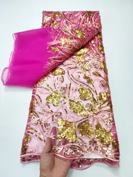 2023 Najnovšie Ružové Zlato Afriky Čipky Textílie 2024 Vysoko Kvalitnej Čipky francúzske Mlieko Hodváb Čipky Textílie S Flitrami nigéria party šaty