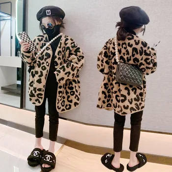 dieťa leopard tlač cardigan bunda jesenné a zimné oblečenie pre dievčatá, deti kórejský jahňacie kožušiny tlačidlo hore plyšové kabát 6 do 16 rokov