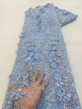 3D Čipky Nášivka Korálkové Afriky Sequin Textílie 5 Metrov Svadobné Party Ženy Vysokej Kvality Nigérijský Oka Výšivky francúzsky Tylu Net