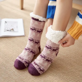 Načechraný Ponožky Tepelnej Ženy Zimné Plyšové Mäkké Non Slip Grip Domov Krátke Jeleň Elk Vianočné Poschodí Fuzzy Papuče Pohodlné Ponožky Žena
