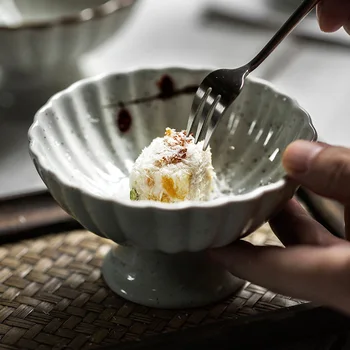 FANCITY Japonský retro keramické high-nohy misy domov tanier dezertný desiatu ovocie, jedlo, dezert miska zmrzliny misa