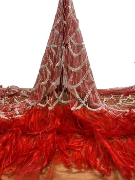 Nové 5Y Červená Farba European High-end Moderné Výšivky Oka čipky Svieti Flitrami Tylu Korálkami S Perie Večerné Šaty Textílie
