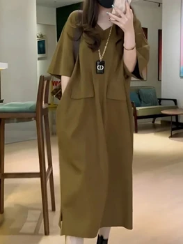 Šaty pre Ženy 2023 Lete Nové Pevné Voľné Dlhé Šaty Streetwear Bežné Nadrozmerná Midi Šaty kórejský Štýl Vintage Šaty