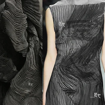 Čierna Vintage Priesvitné Bavlna Stlačením Násobne Miyake Skladaný Textúrou Textílie Skladaný Umenie Sukne Oblečenie Dizajnér Tkaniny