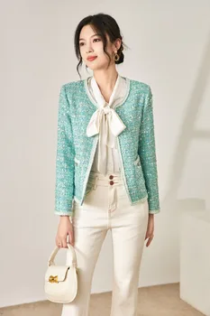 Luxusné Sequined Tweed Vlnené Bunda pre Ženy Jeseň Ropa De Mujer 2023 Elegantné Office Kabát Krátky vrchné oblečenie Veste Femme