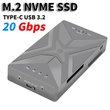 M. 2 NVME SSD RAID Prípade Dual Bay Mobilný Pevný Disk Podpora M. 2 Nvme Kryt pre SSD Pevný Disk Box TYP-C, USB 3.2 GEN2 10/20Gbps