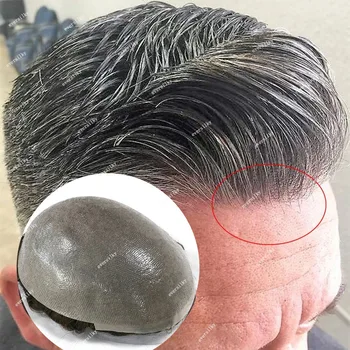 1b80 Popola Sivá Toupee Pre Človeka 100% Ľudské Vlasy Náhradné Systém Muži Hairpiece V Slučkového Plný Tenká Koža PU Prírodné Vlasové Parochne