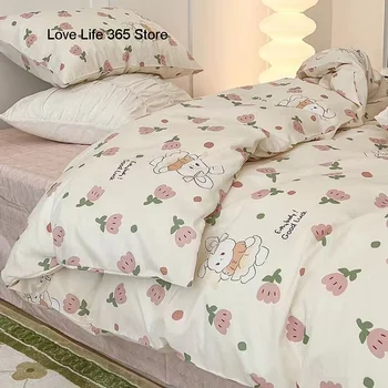 IN Roztomilý Králik posteľná bielizeň Nastaviť Ružová Ploché Listy Cartoon Floret Perinu Mäkké Vankúše Plnej Veľkosti Pre Dievčatá, bytový Textil