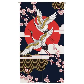 Domov Japonský Dverách Záves Tmavo Modrá Tradičné Maľovanie Červená Korunovaný Žeriav Norenovi Opony pre Kuchyňa Tieňovanie Domáce Dekorácie