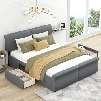 Queen Size Čalúnenie Platformu Posteľ s Dvoma Zásuvkami,Moderný Dizajn posteľ klasický štýl posteľ pre mládež posteľ,dospelých posteľ,vhodné pre spálne