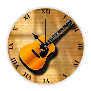 Vintage Starožitný Drevený Akustická Gitara na Starej Hudby Plechové Dekoračné Nástenné Hodiny pre Hudobník, Učiteľ Darček Domova Wall Art 35