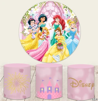 Disney Šesť Princezná Ohňostroj Tému, Pink Kruh, Kolo Pozadí Pre Dievčatá, Narodeniny, Party Dekorácie Na Mieru Valec Pozadie