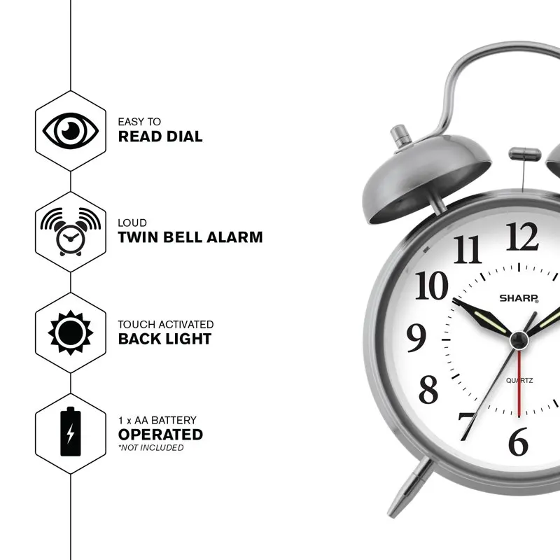 Bell Quartz Analógové Hodiny s budíkom, Strieborný Brúsený Kov, SPC800 Digitálne hodiny Reloj despertador Dátum a čas, hodiny, Alarm wirelesss