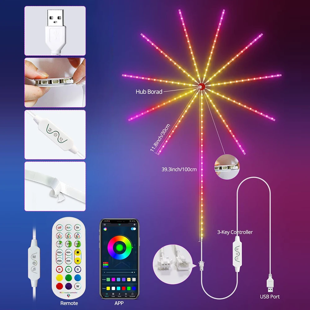 Smart Ohňostroj LED Pásy Svetla Kit s Hudbou Zvuk, Diaľkové Ovládanie, Farebný Sen Neónové Svetlá pre Nový Rok, Vianoce, Spálňa Decor